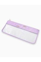 Clear pouch with a purple zipper and gold text on a white background