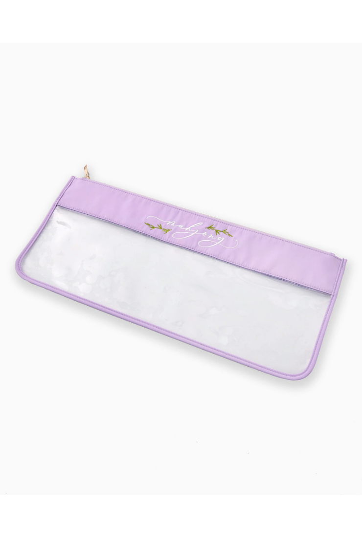 Clear pouch with a purple zipper and gold text on a white background