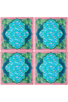 Four matching coasters with a pink border, blue central design, and green leaf pattern on a white background.