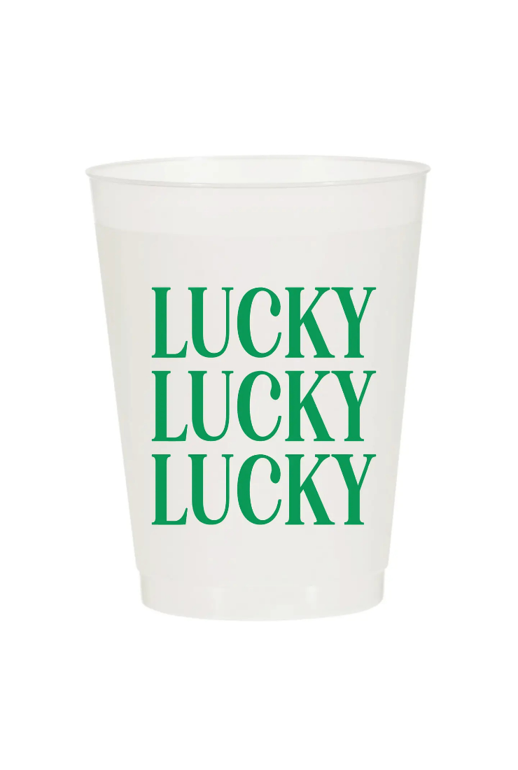 A white translucent plastic cup with the word 'LUCKY' printed vertically three times in green, shown on a plain white background.