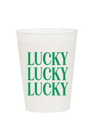 A white translucent plastic cup with the word 'LUCKY' printed vertically three times in green, shown on a plain white background.
