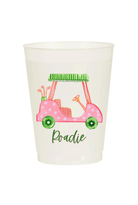 A white plastic cup featuring a colorful graphic of a pink polka-dot golf cart with green wheels and the name 'Roadie' printed in green script below.