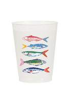 A white translucent plastic cup featuring a colorful graphic print of five stylized fish in red, blue, green, yellow, and pink, shown against a plain white background.