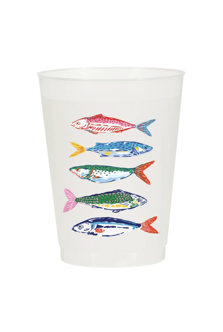 A white translucent plastic cup featuring a colorful graphic print of five stylized fish in red, blue, green, yellow, and pink, shown against a plain white background.