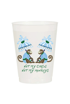 A clear plastic cup featuring a watercolor-style red monkey graphic on the front, and the text 'NOT MY CIRCUS NOT MY MONKEYS' printed on it, isolated on a white background.