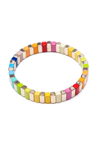 A colorful beaded stretch bracelet made of small rectangular beads in a rainbow of colors, arranged in a circular shape on a plain white background.
