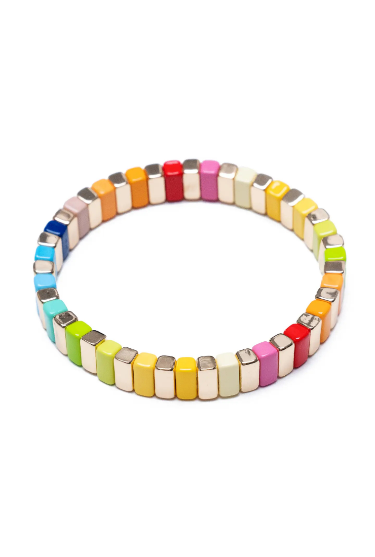 A colorful beaded stretch bracelet made of small rectangular beads in a rainbow of colors, arranged in a circular shape on a plain white background.