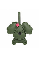 An olive green faux leather poodle-shaped bag charm with a small pink star accent on its ear, shown against a plain white background.