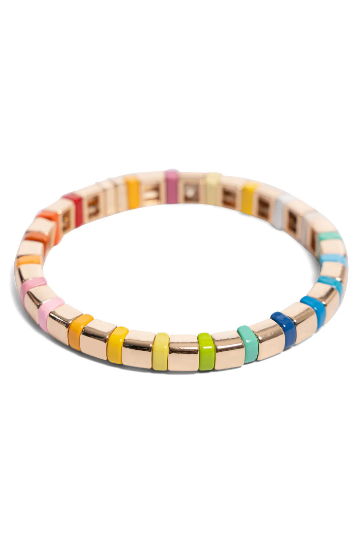A beaded stretch bracelet featuring alternating pastel-colored rectangular beads and metallic gold spacer rings, displayed on a clean white background.