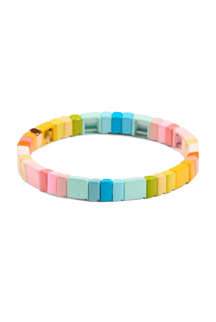 A pastel-colored segmented stretch bracelet made of rectangular beads in shades of pink, orange, yellow, green, blue, and purple, displayed on a clean white background.