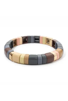 A segmented stretch bracelet featuring alternating rectangular beads in dark gray, brown, beige, and rose gold, displayed on a clean white background.