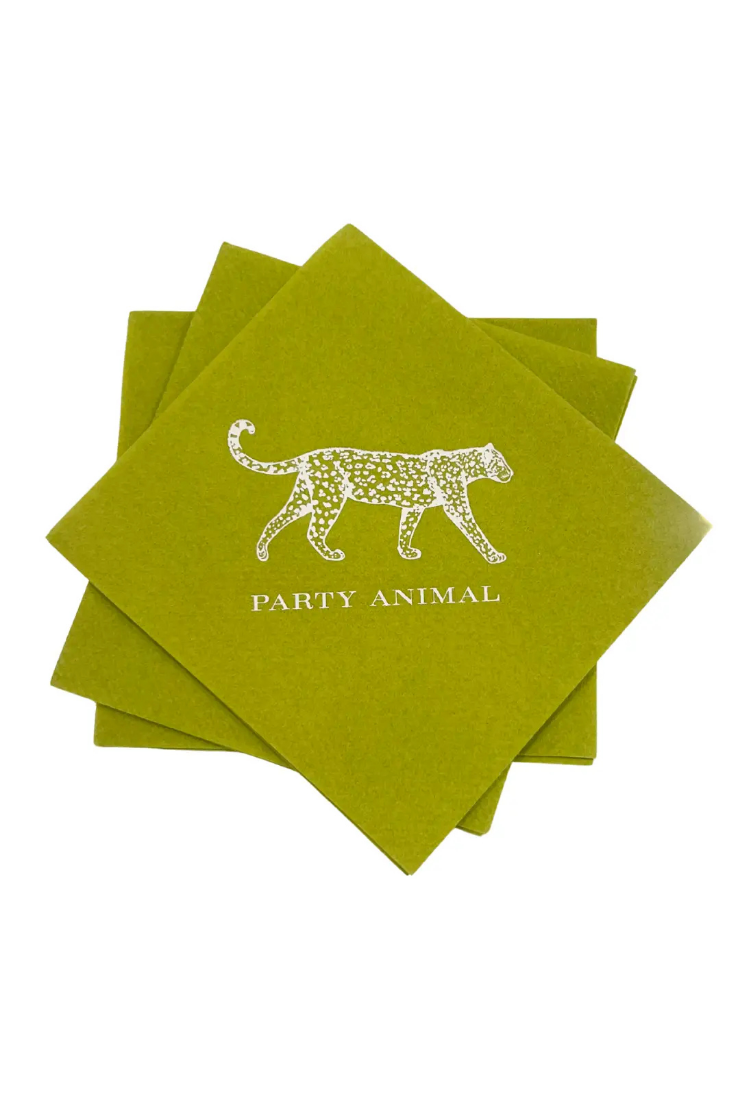 A stack of square lime green paper napkins featuring a white leopard print and the text 'PARTY ANIMAL' on the top napkin, set against a plain white background.