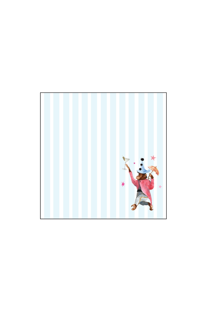A square product card featuring a whimsical illustration of a bear wearing a party hat and holding a champagne glass, set against a background of vertical light blue and white stripes.