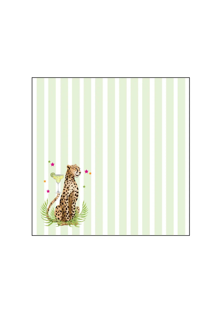 A square decorative print or card featuring a seated cheetah illustration on the lower left, surrounded by small flowers and leaves, over a pale green and white vertical stripe background.