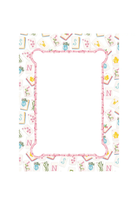 A rectangular decorative frame design with a white center and a pink border, surrounded by a whimsical pattern of playing cards, letters, and small illustrations in pastel colors.