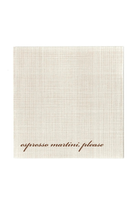 A square beige napkin with a subtle linen texture and the words 'espresso martini, please' printed in brown cursive near the bottom, shown on a plain white background.