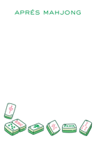 A minimalist graphic with the French text 'APRÉS MAHJONG' in green at the top and several illustrated mahjong tiles arranged along the bottom on a plain white background.