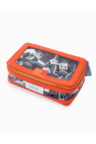 An orange zippered case with a clear window showing mahjong tiles inside, featuring a gold logo and a blue tassel zipper pull, on a white background.