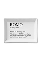 A white rectangular ceramic serving tray with rounded corners, featuring a black printed dictionary-style definition of the word 'ROMO' with a quote underneath, on a plain white background.