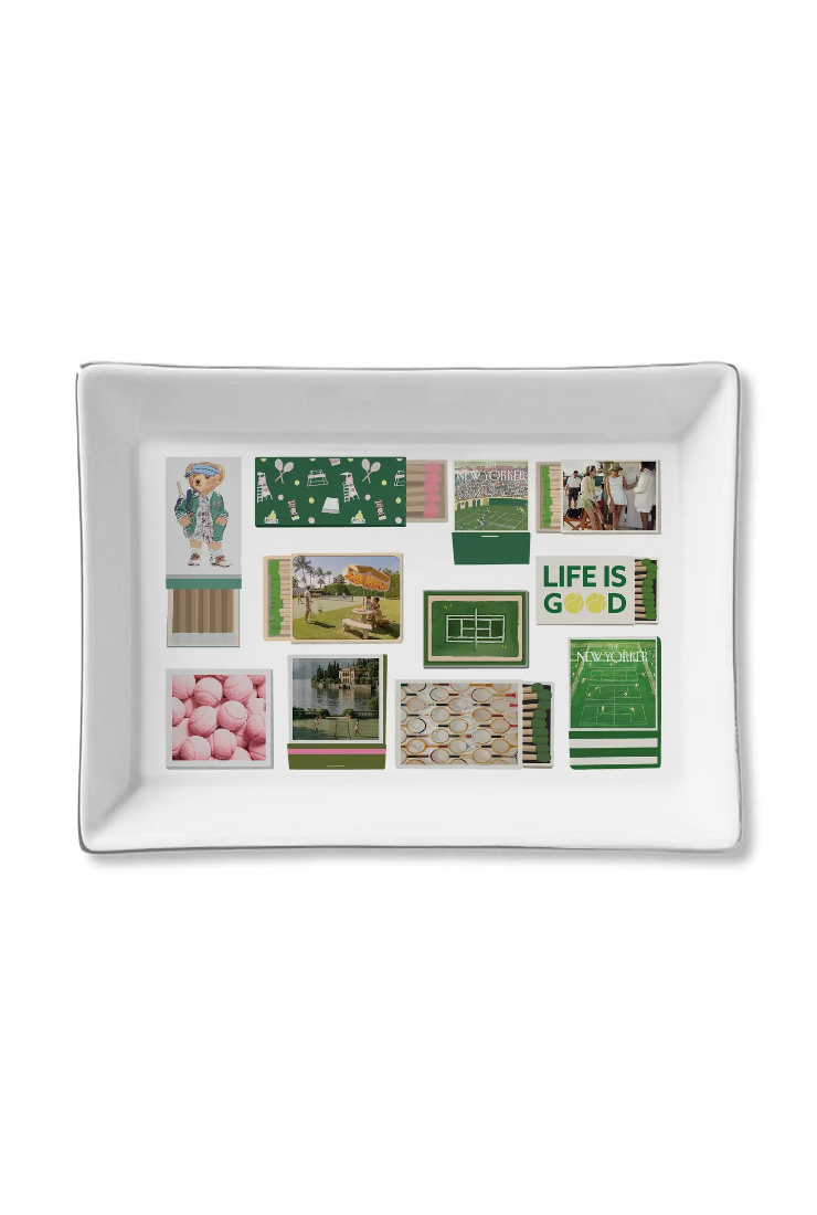 A white rectangular ceramic serving platter with a collage of small green-themed images and text, including 'LIFE IS GOOD' and 'MAY 2023', shown on a plain white background.