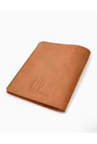 A tan leather passport cover or document holder with an embossed logo reading 'OH MY RAMONG' on the front, shown on a clean white background.