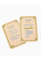 Two beige rectangular cards with green decorative borders and printed text, shown overlapping on a light gray background. One card reads 'CALLING for a life' and the other reads 'what's the DEAL'.