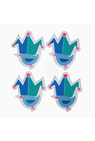 Four blue and green crown-shaped stickers on a white background