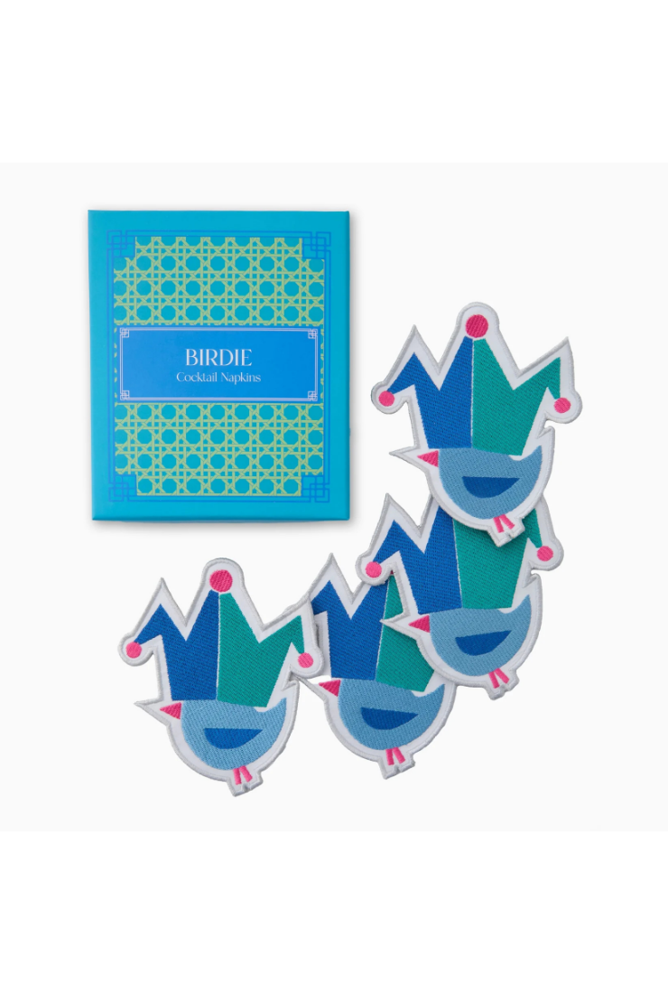Set of colorful bird-shaped napkins with a blue card labeled 'BIRDIE' on a white background.
