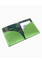 Green card holder with floral design on a white background
