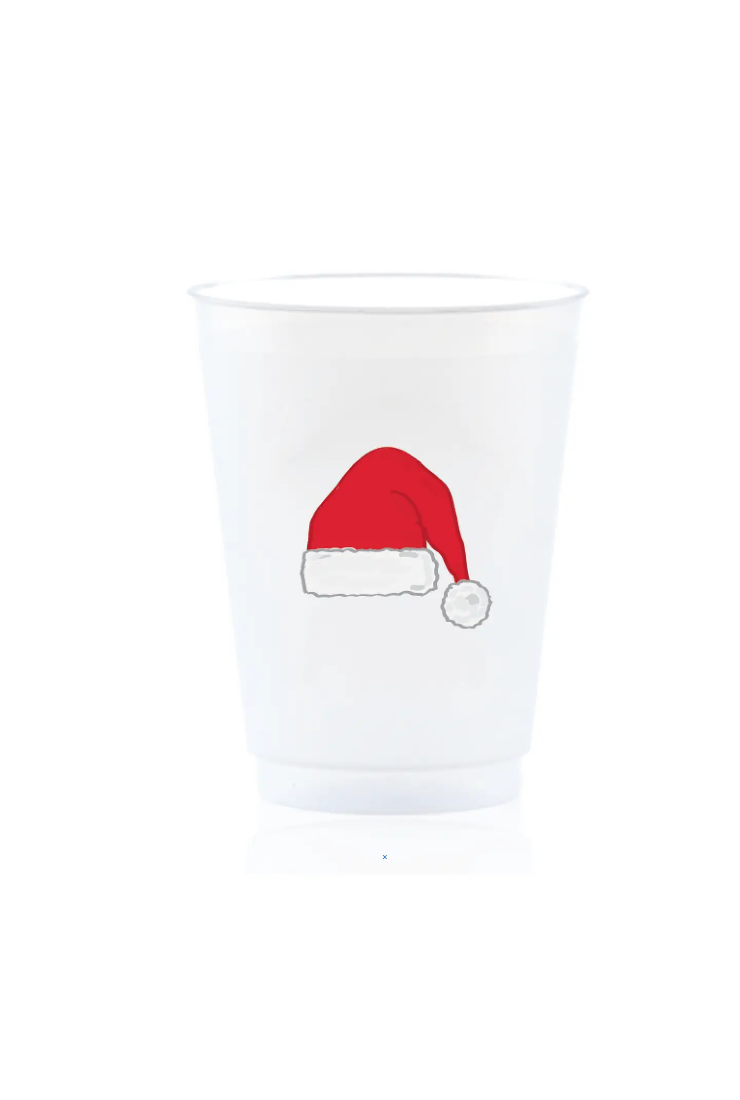 A frosted white plastic cup featuring a simple red and white Santa hat graphic on the front, set against a plain white background.