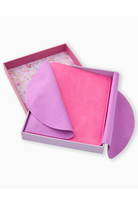 Pink and purple fabric in a decorative box with floral lining