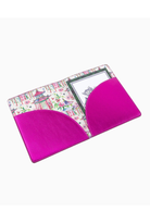 Pink tablet case with colorful design on a white background