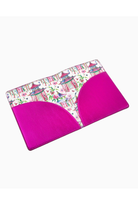Pink mouse pad with a colorful pattern on a white background