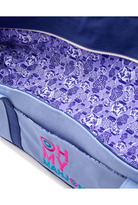 Close-up of a blue and purple bag with a patterned interior and 'Oh My Mahjo' text.