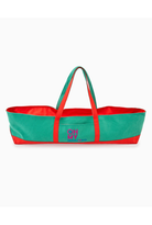 Green and red tote bag with a visible brand logo on a white background