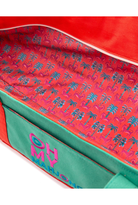 Close-up of a colorful bag with palm tree pattern and 'OH MY' text.