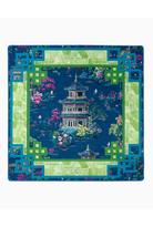 Decorative tablecloth with a Chinese pagoda design on a blue background