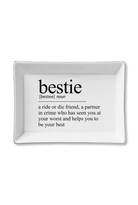 White decorative tray with black text definition of 'bestie' on a white background