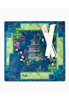 Board game set with a scenic board, dice, and rods on a white background