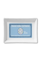 White rectangular dish with a blue label on a white background