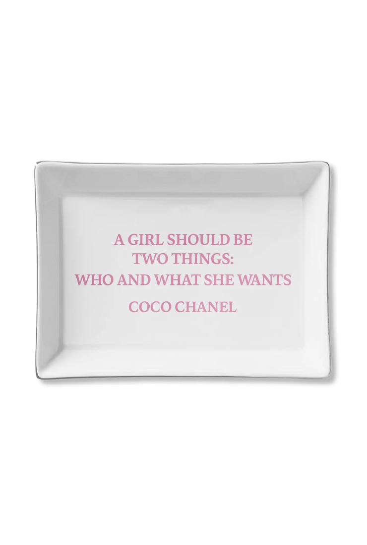 White tray with pink text quote by Coco Chanel on a white background