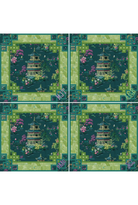 Four identical panels of a green and teal pattern with pagoda design on a white background