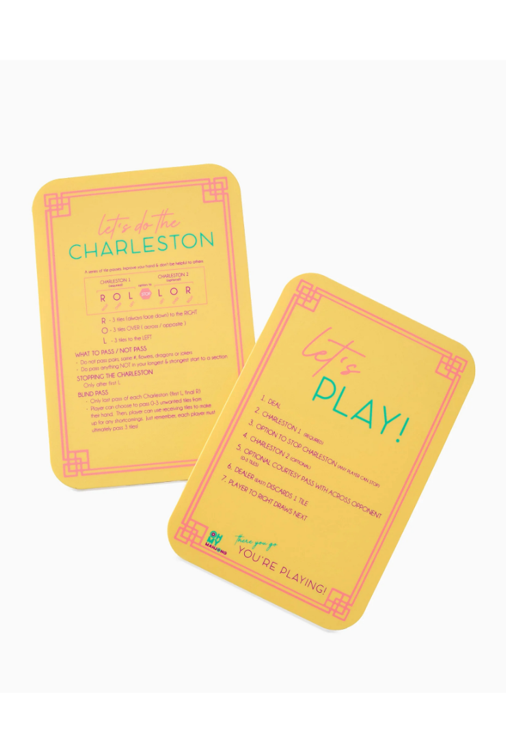 Two yellow rectangular cards with rounded corners, featuring pink decorative borders and printed text, shown on a plain white background.