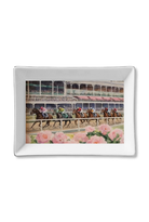 A rectangular white ceramic serving platter featuring a printed illustration of a horse race at a racetrack with pink flowers in the foreground.