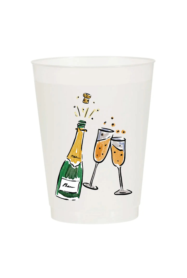A white disposable plastic cup featuring a hand-drawn illustration of a green champagne bottle and two clinking champagne glasses with gold bubbly liquid, set against a plain white background.
