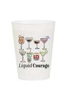 A white plastic cup featuring a colorful graphic of a watercolor style cocktails in various glasses and colors with the text below 'Liquid Courage' printed in black text below.