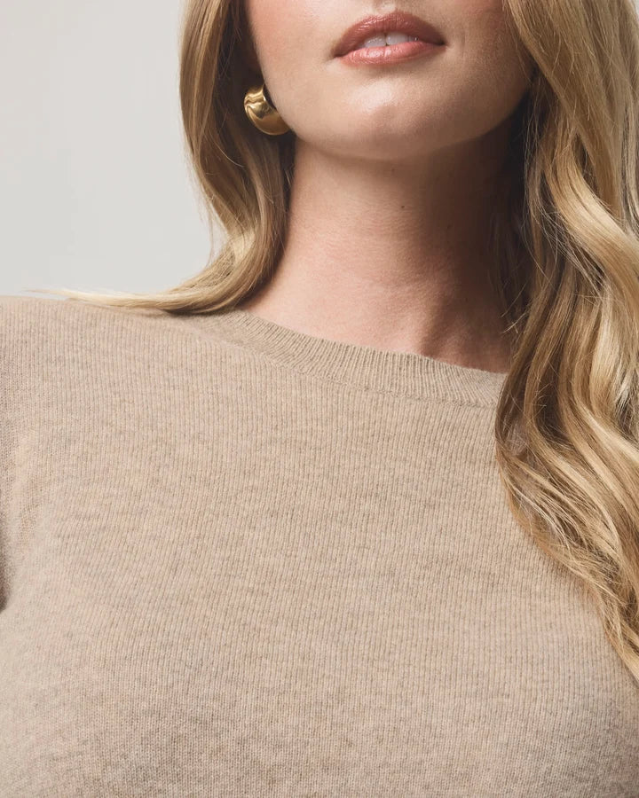 Close-up of a woman wearing a ribbed knit crewneck sweater in a light beige color, with a small gold earring visible against a neutral light gray background.