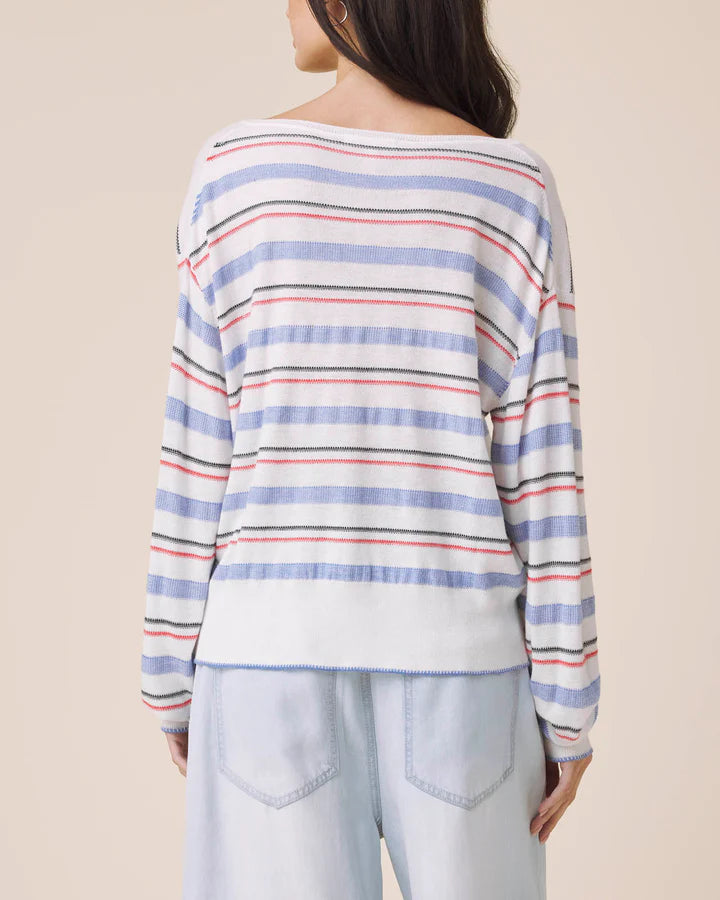 Person wearing a striped long-sleeve top with a plain background