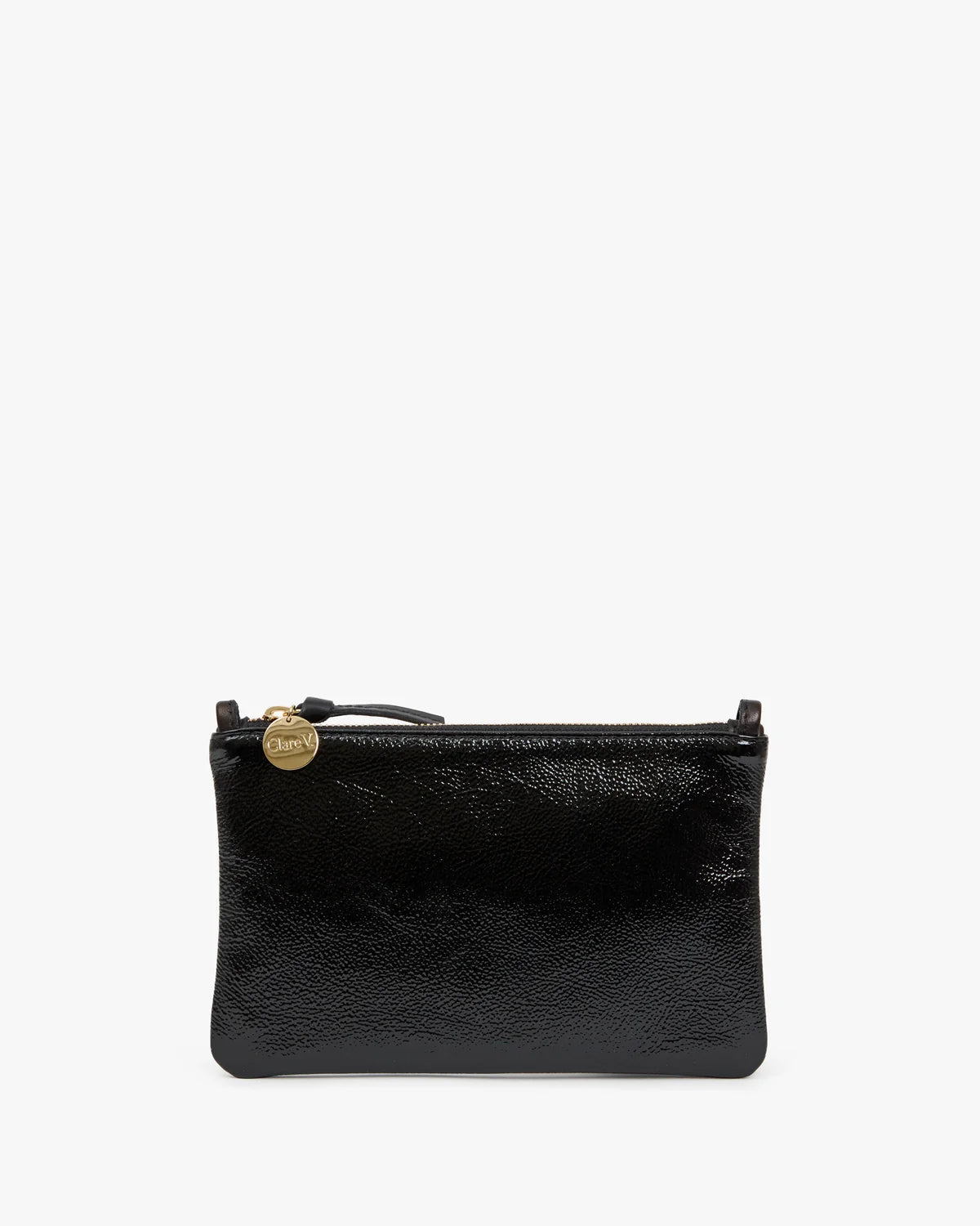 A black textured leather zip pouch with a small gold-tone metal logo charm, shown against a plain white background.