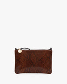 A brown snakeskin-patterned zip pouch with a small gold-tone circular logo charm, displayed against a solid off-white background.